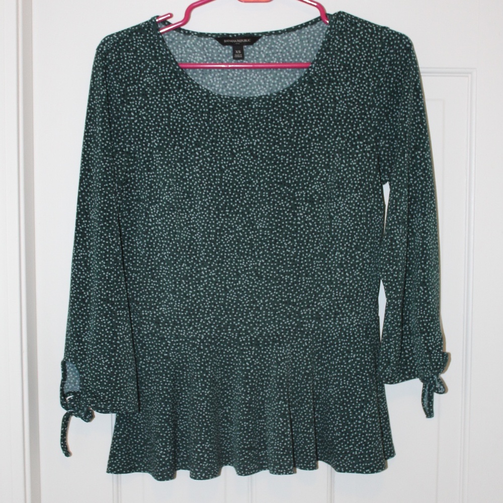 Banana Republic Green Polka Dot Tie Sleeve Peplum Ruffle Stretch Top XS